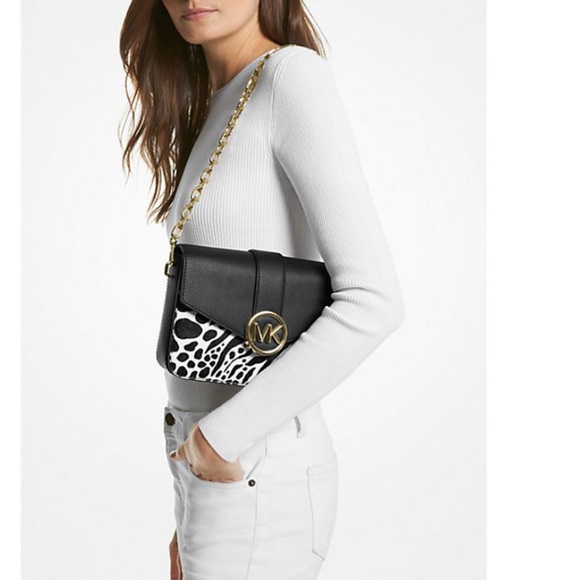 Michael Kors Carmen Medium Flap Chain Shoulder Crossbody Bag Black Haircalf - Picture 3 of 16